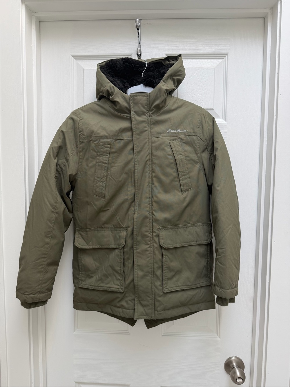Eddie Bauer Kids Superior Down Parka in an olive green Small (7-8)